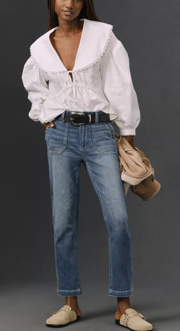 Paige Mayslie blue patch pocket straight leg ankle jeans Size 12 Retro Boho